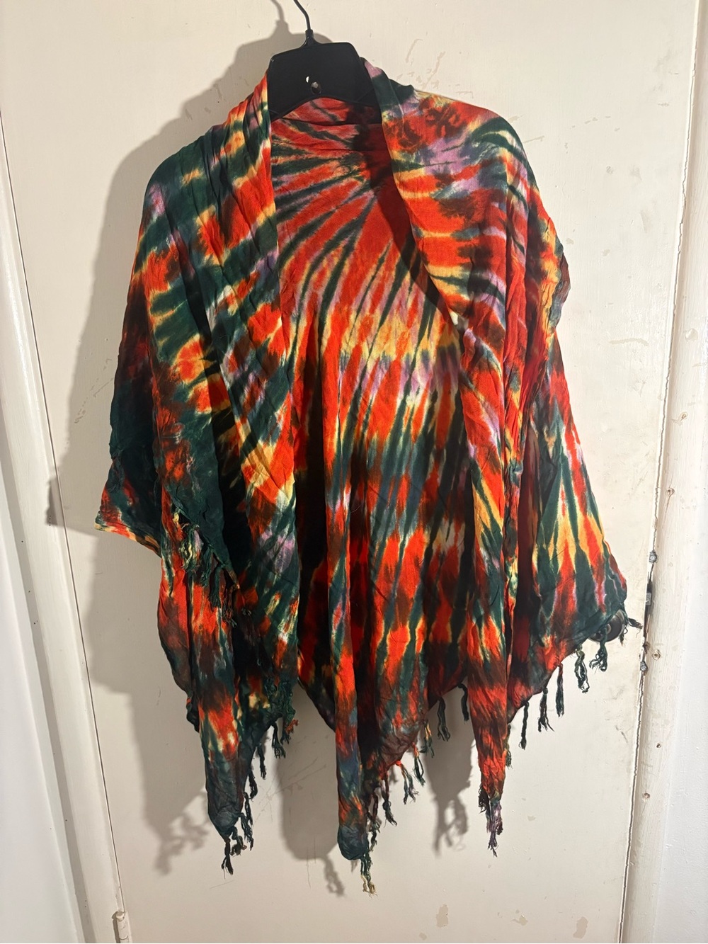 Boho Multicolor Tie-Dye Fringed Wrap in Red, Green, Yellow